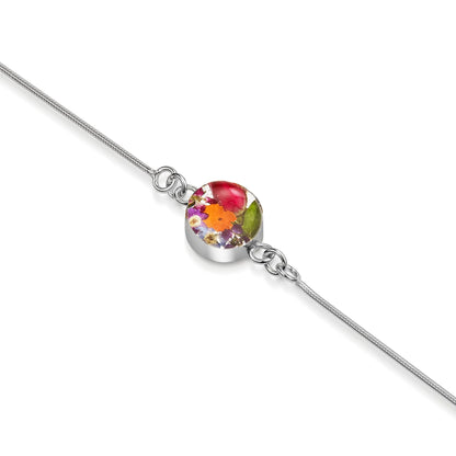 Pulseira de Corrente de Cobra em Prata Esterlina com Flores Reais – Joias Botânicas Feitas à Mão
