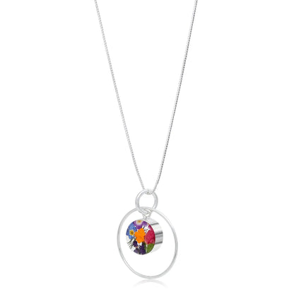Colar em prata de lei com flores reais. Pingente de flor mista circular surround