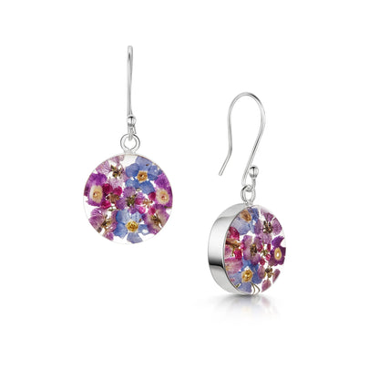 スターリングシルバーのパープルフラワードロップイヤリング – 本物の花を使ったハンドメイド