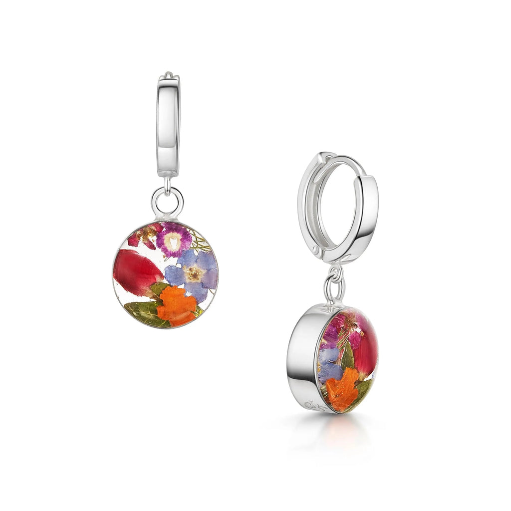 Huggies - Sterling silver huggie-style earrings with a hanging handmade real flower charm